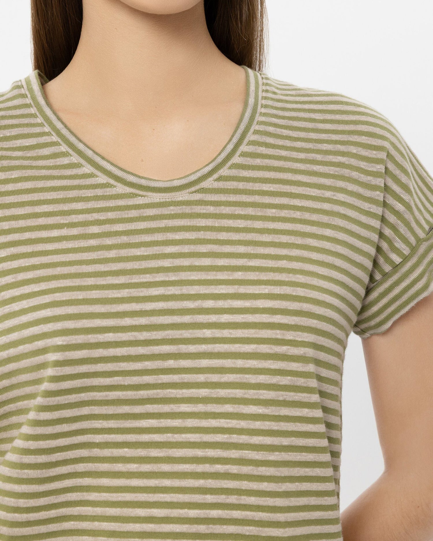 Striped Linen T Shirt - Moss Green