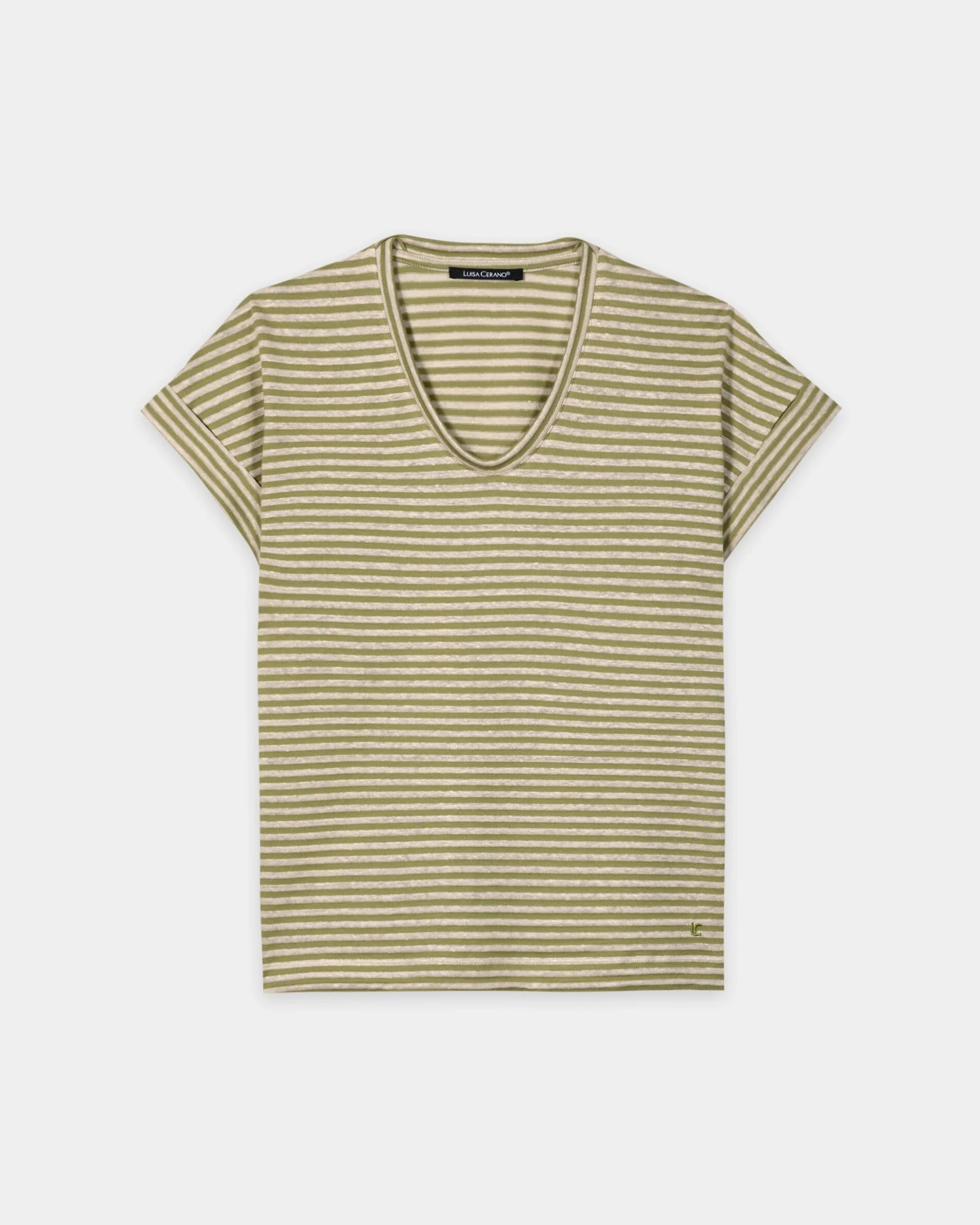 Striped Linen T Shirt - Moss Green