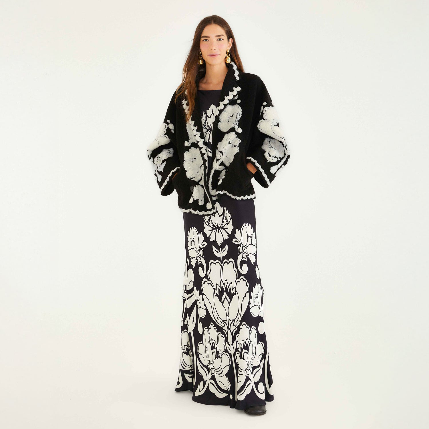 Floral Arabesque Fleece Coat - Floral Arabesque Cream
