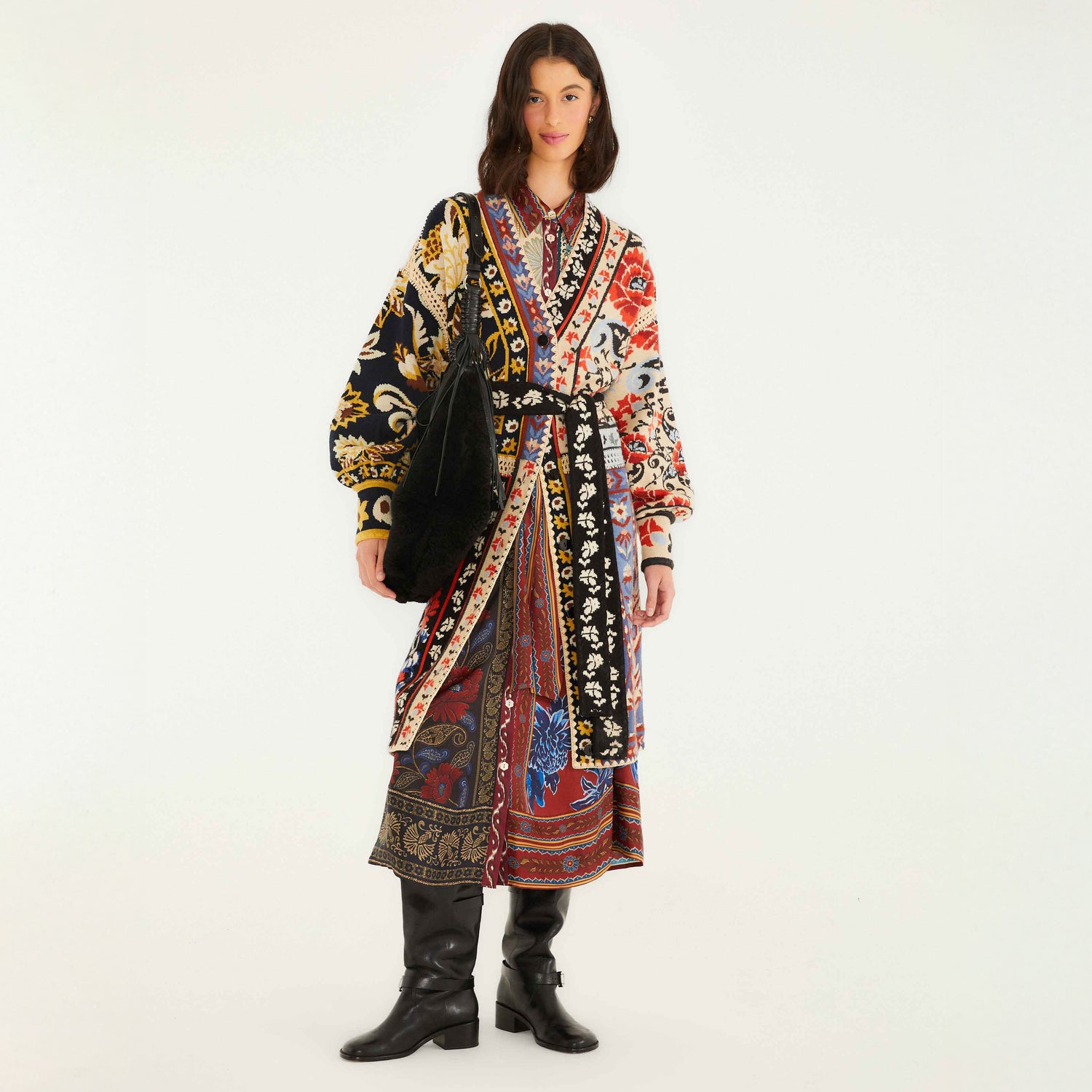 Patchwork Knit Midi Cardigan - Flower Print Patchwork