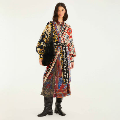 Patchwork Knit Midi Cardigan - Flower Print Patchwork