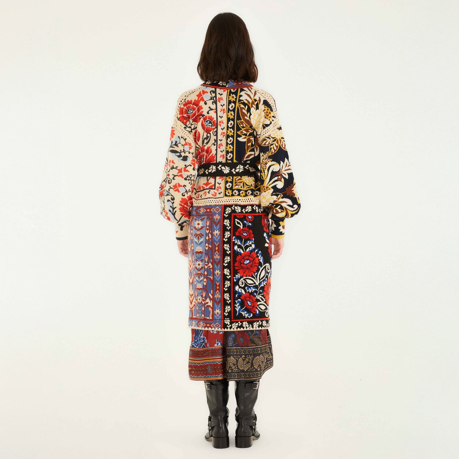 Patchwork Knit Midi Cardigan - Flower Print Patchwork