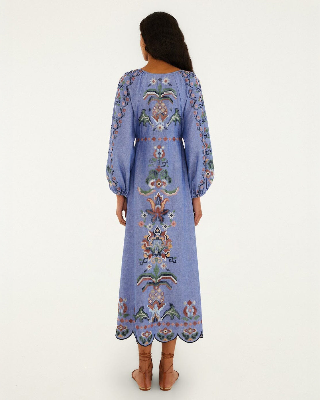 Embroidery Long Sleeve Midi Dress - Garden Tapestry Blue