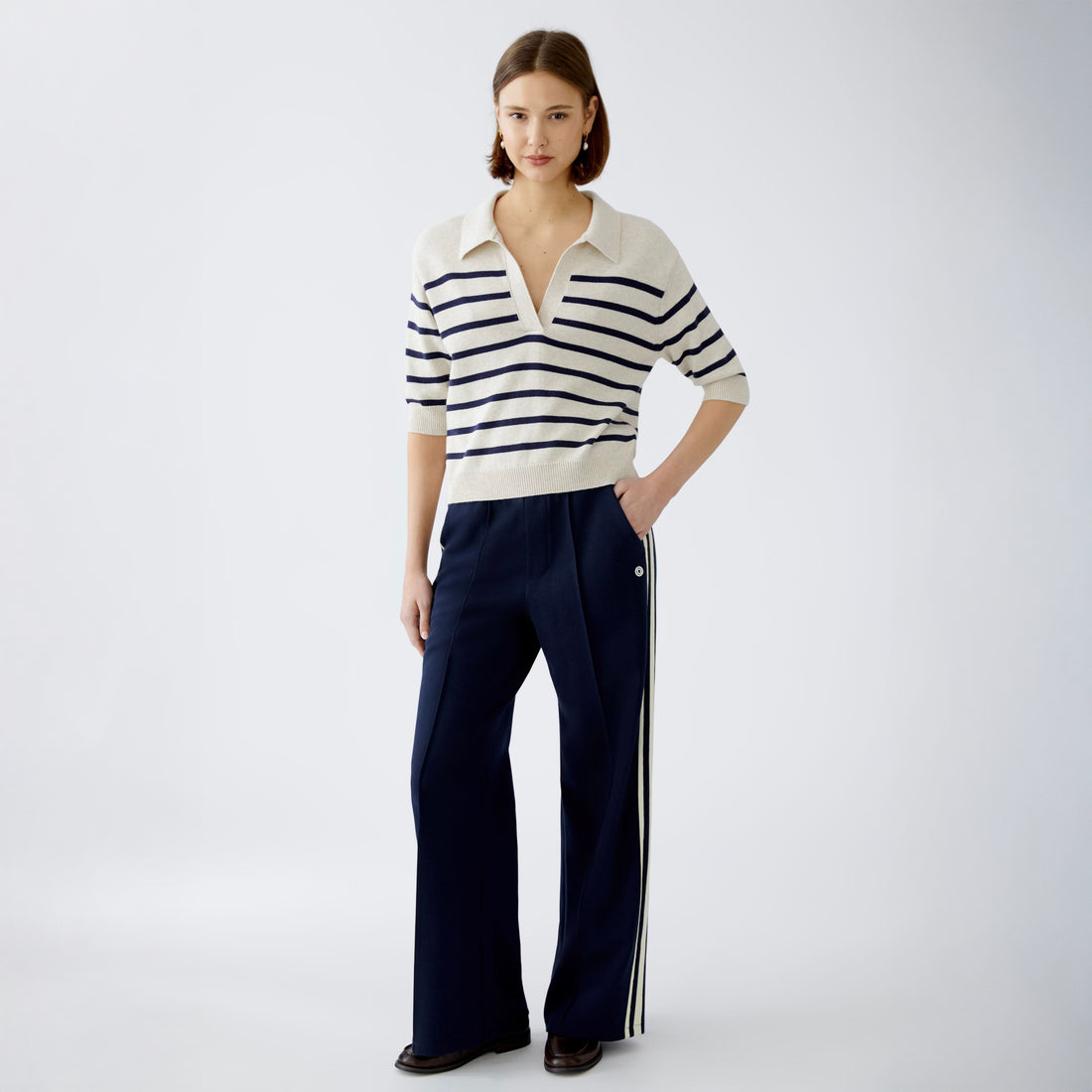 3/4 Sleeved Collar Stripe Jumper - White / Blue