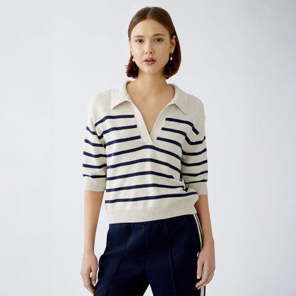 3/4 Sleeved Collar Stripe Jumper - White / Blue