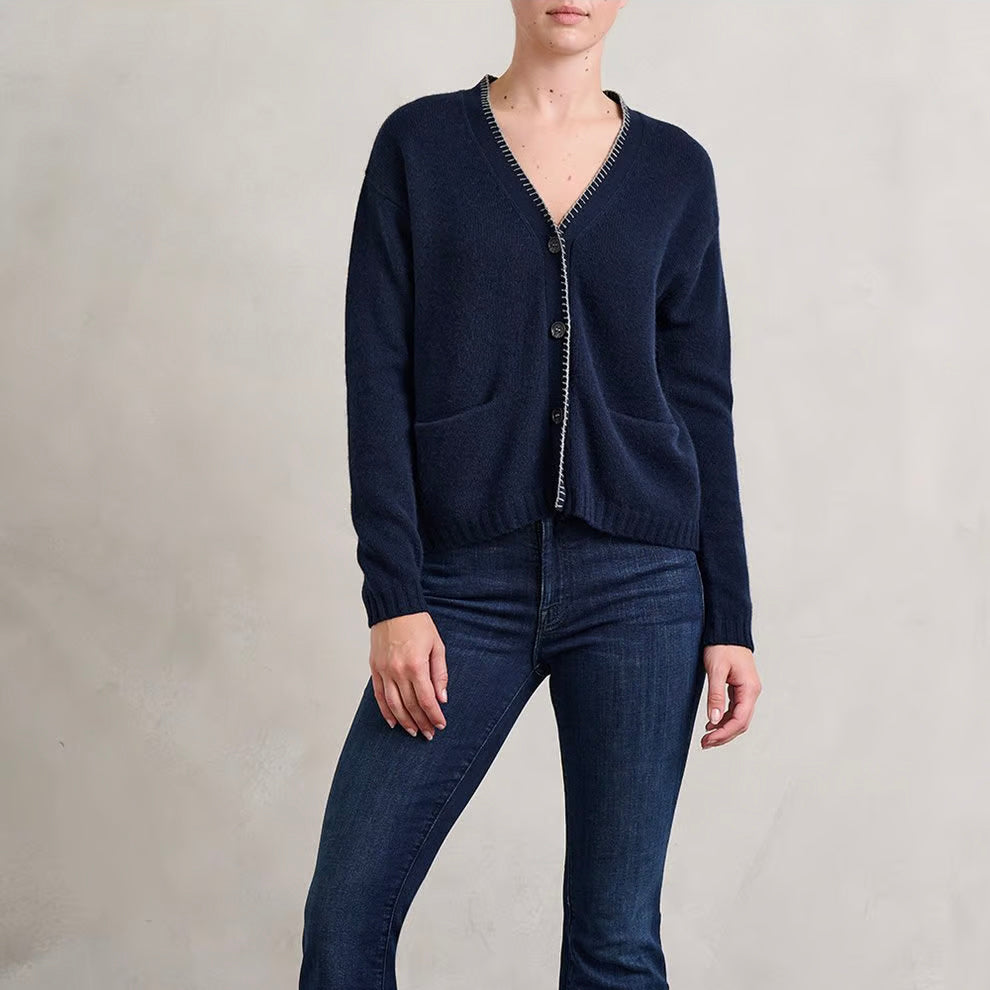 Blanket Stitch Cardigan - Navy/Mid Grey