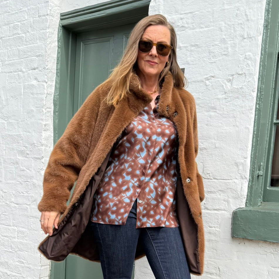 Printed Collared Silk Shirt - Light Blue/Brown