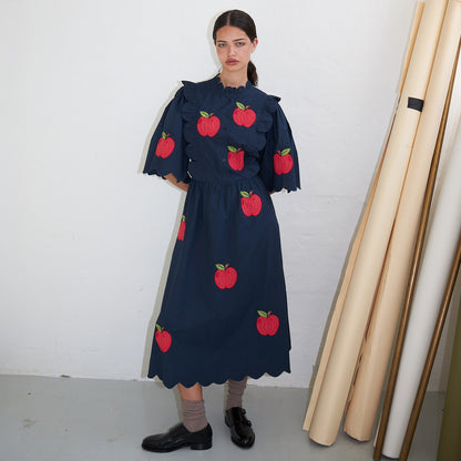 Embroidered Cotton Midi Dress - Navy