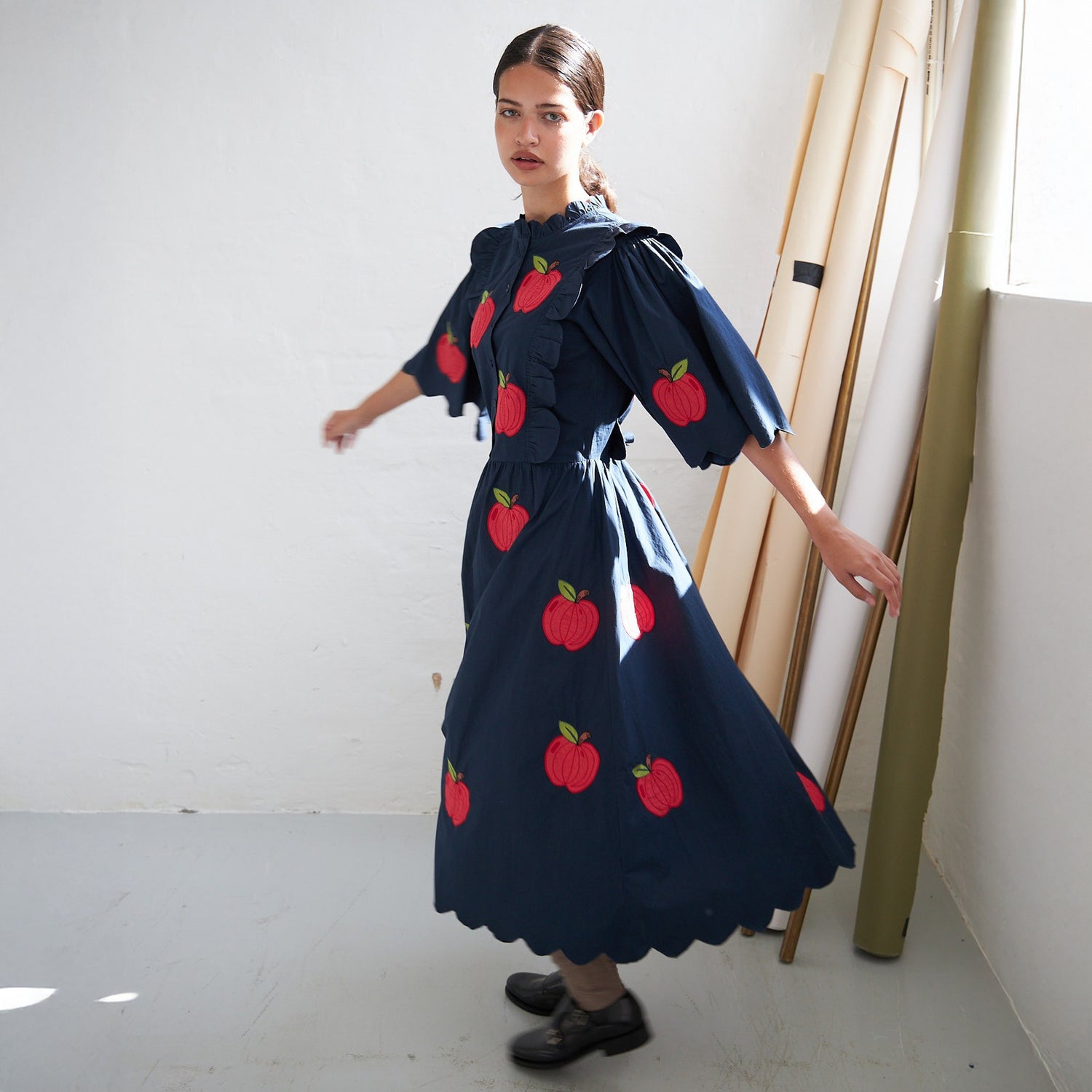 Embroidered Cotton Midi Dress - Navy