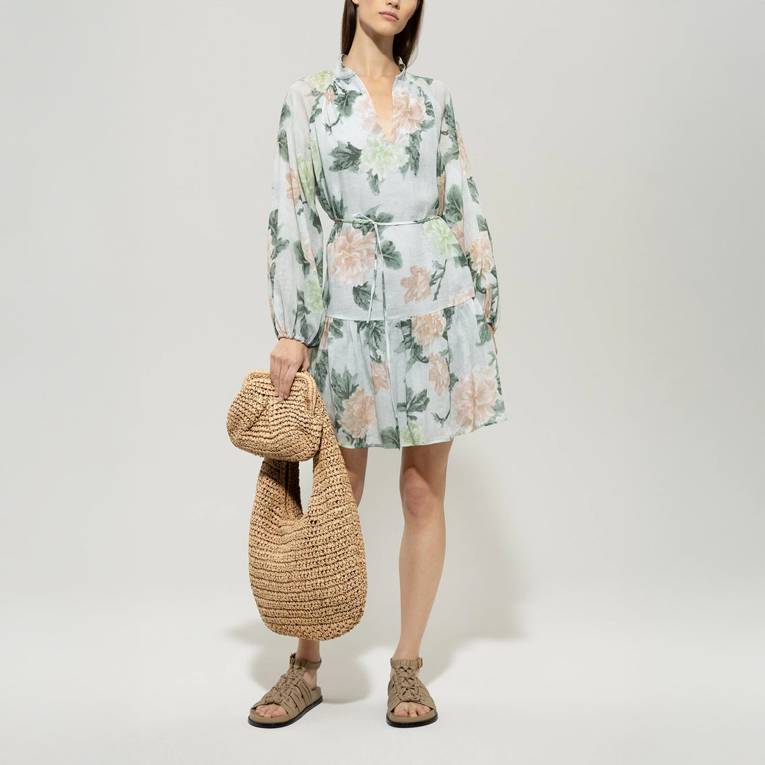Linen Rose Print Dress - Mint Green