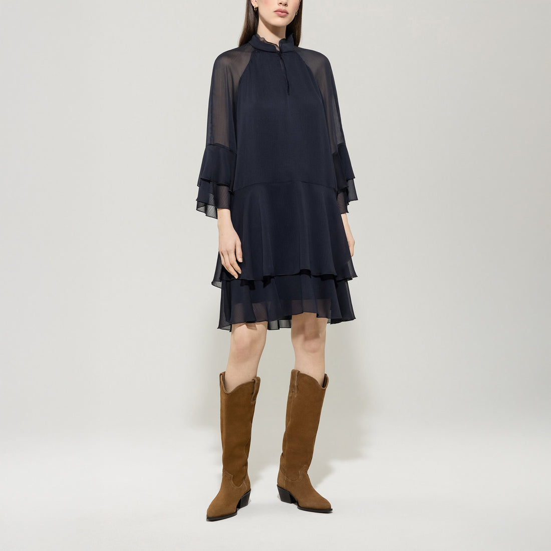 Knee Length Frill Dress - Dark Blue