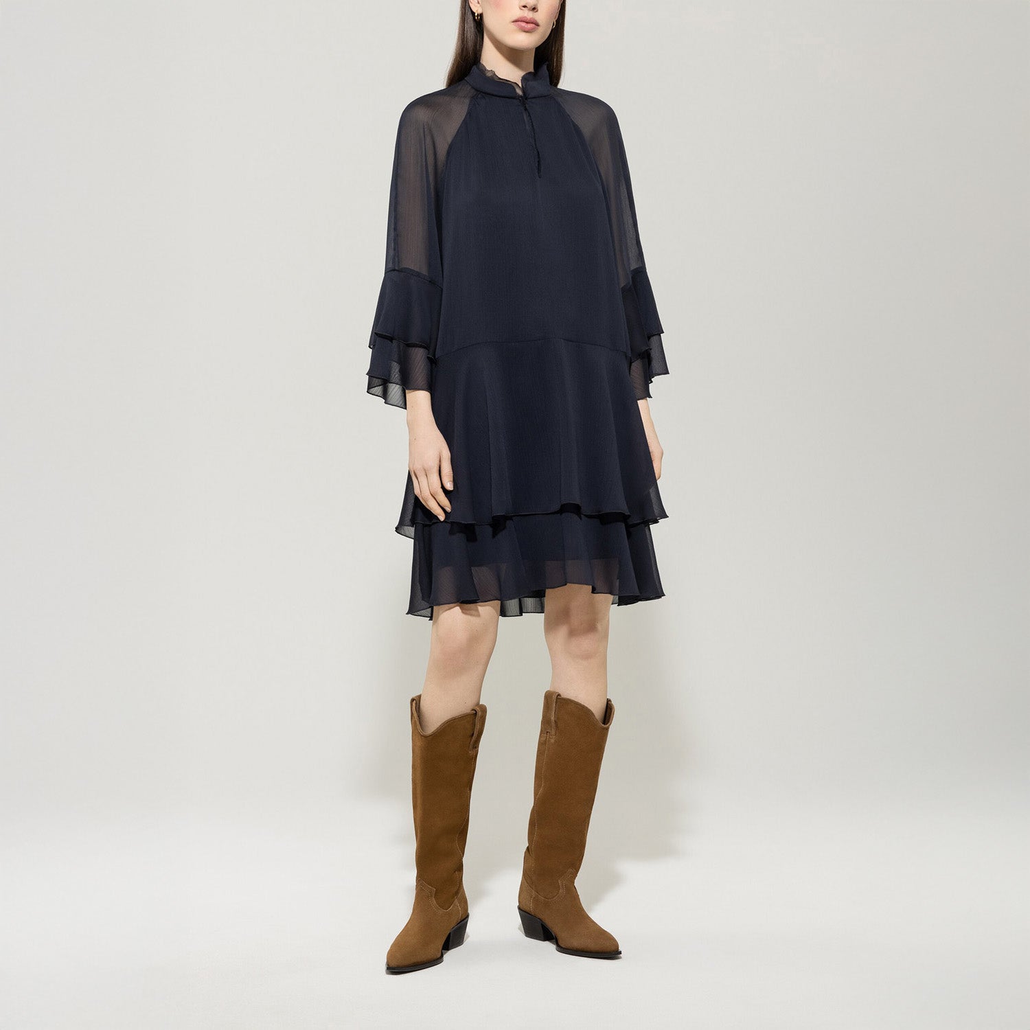Knee Length Frill Dress - Dark Blue
