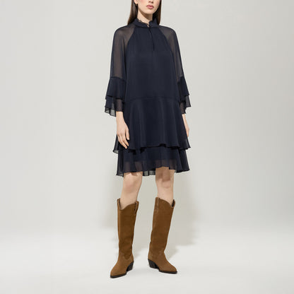 Knee Length Frill Dress - Dark Blue
