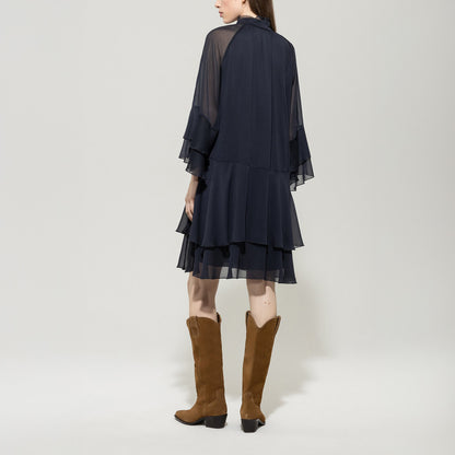 Knee Length Frill Dress - Dark Blue