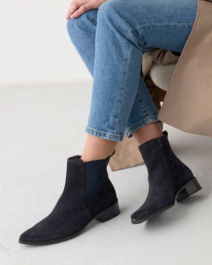 Pointed Suede Ankle Chelsea Boot - Navy