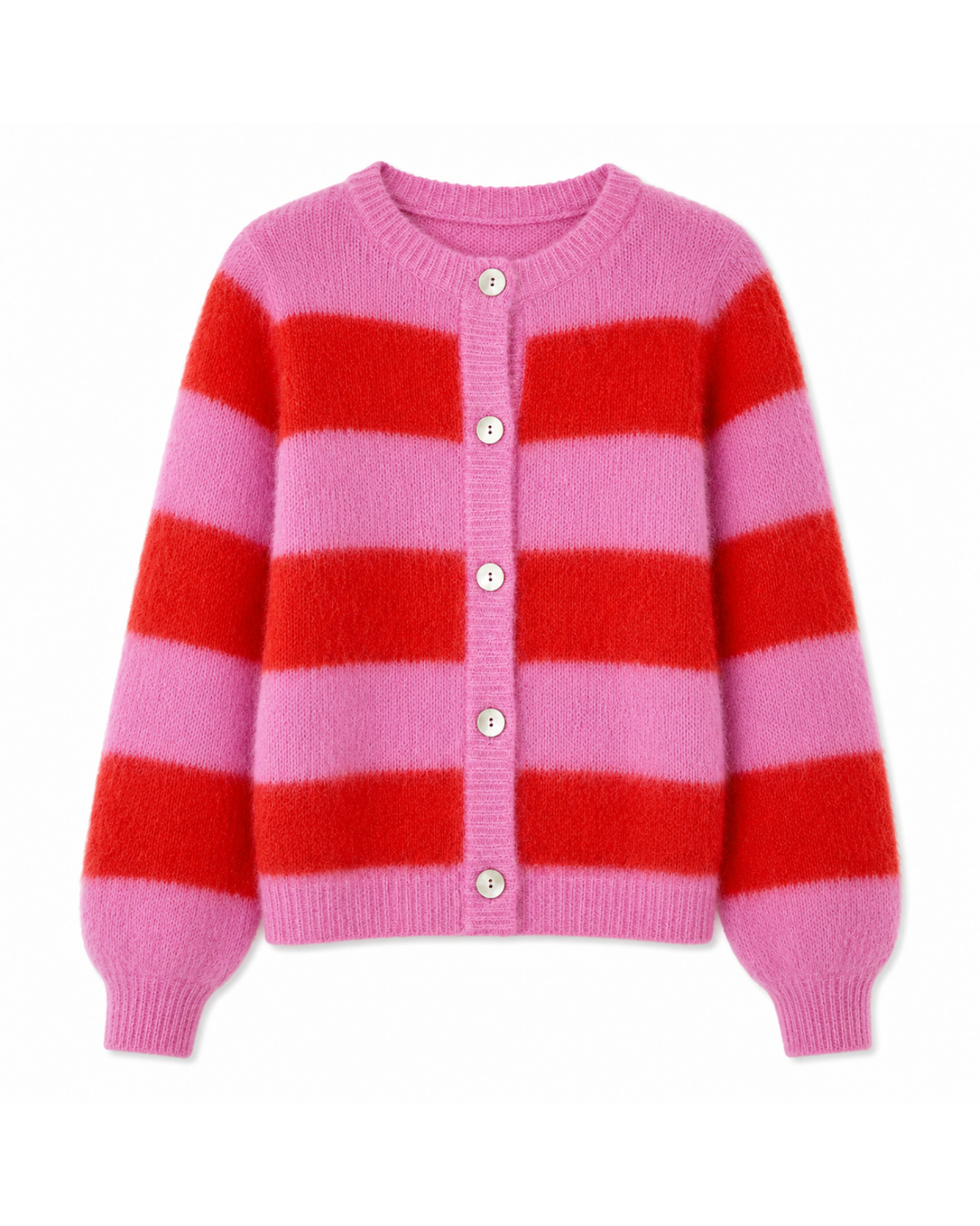 Timea Striped Buttoned Round Neck Long Sleeve Cardigan - Bubblegum-Fire