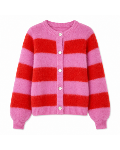 Timea Striped Buttoned Round Neck Long Sleeve Cardigan - Bubblegum-Fire