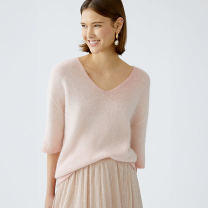 V Neck Long Knit Jumper - Rose Red