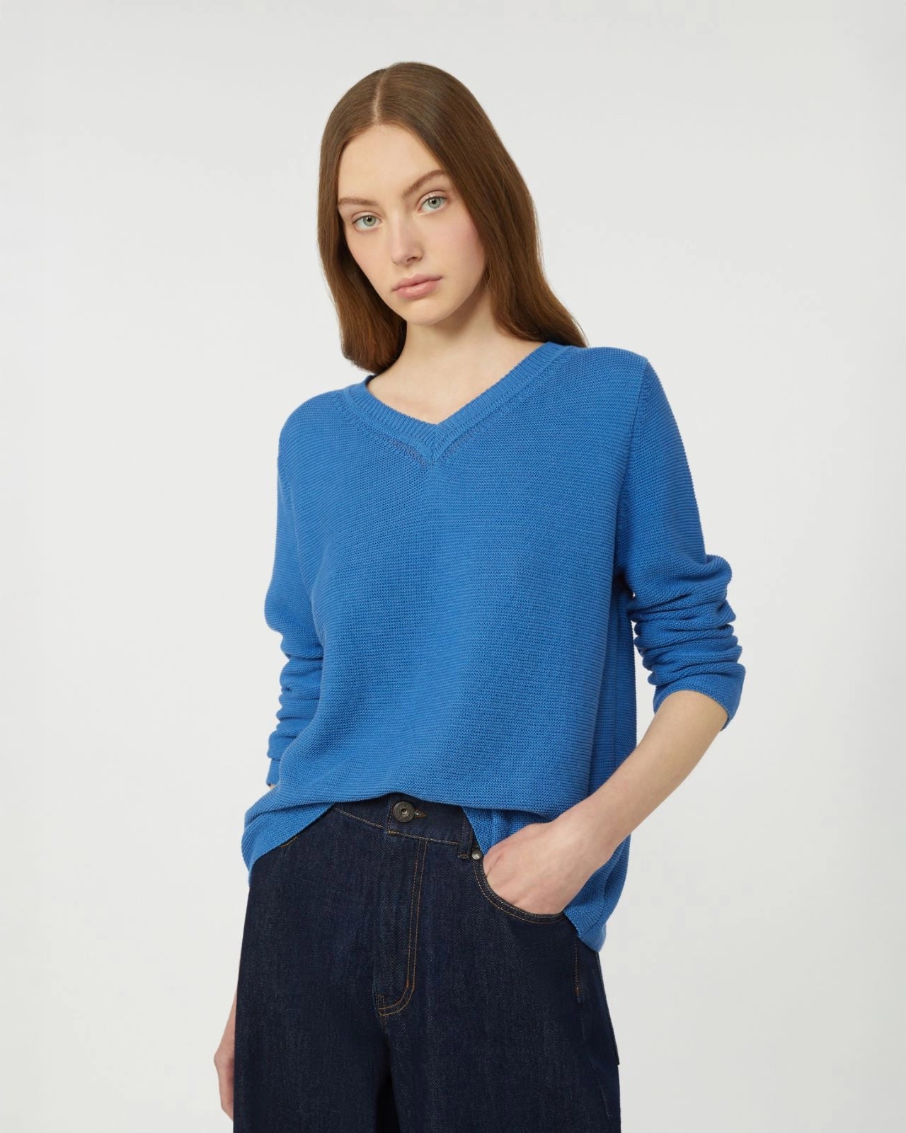 Ago Cotton Knitted V Neck Jumper - Cornflower