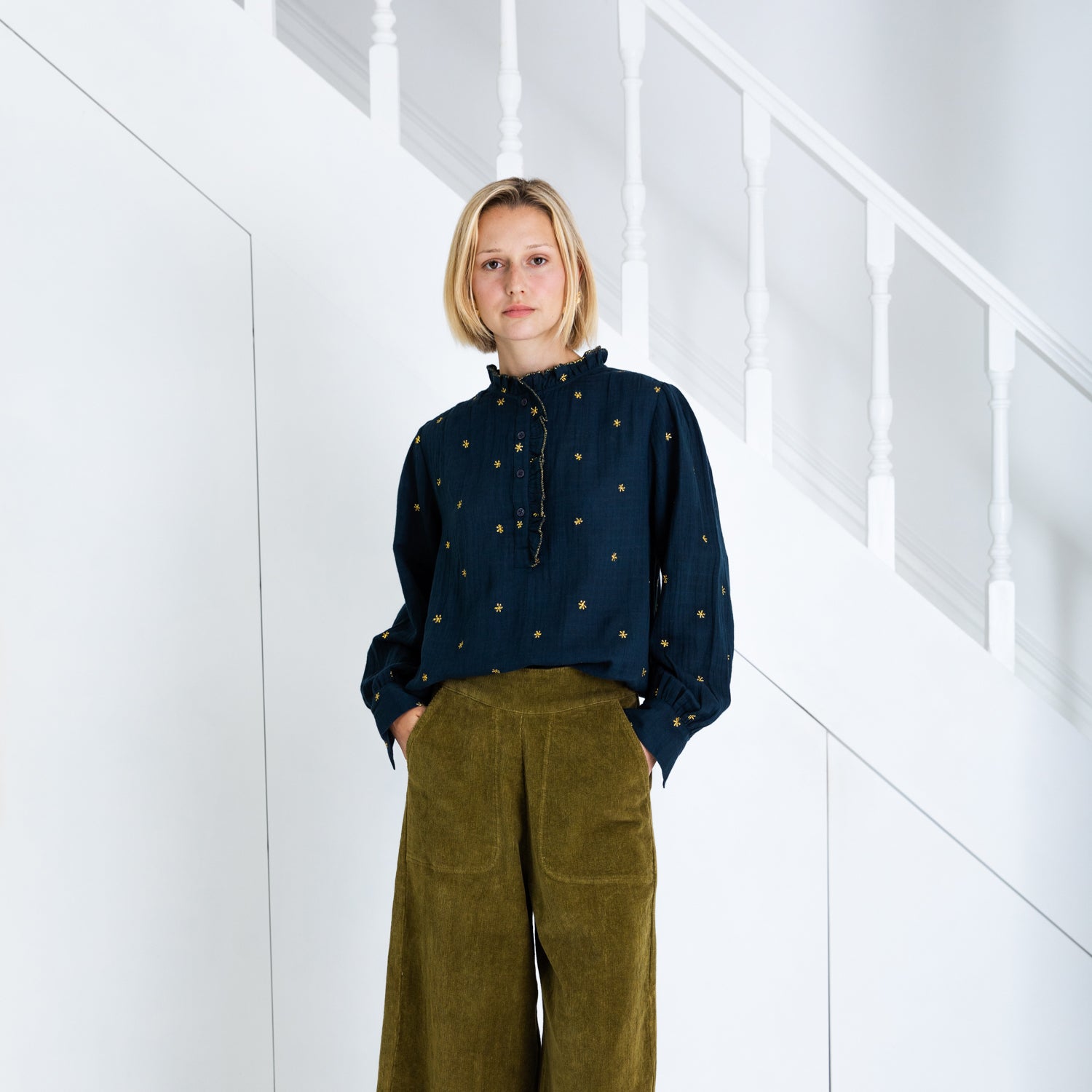 Anais Frill Placket Blouse - Midnight