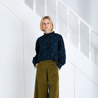 Anais Frill Placket Blouse - Midnight