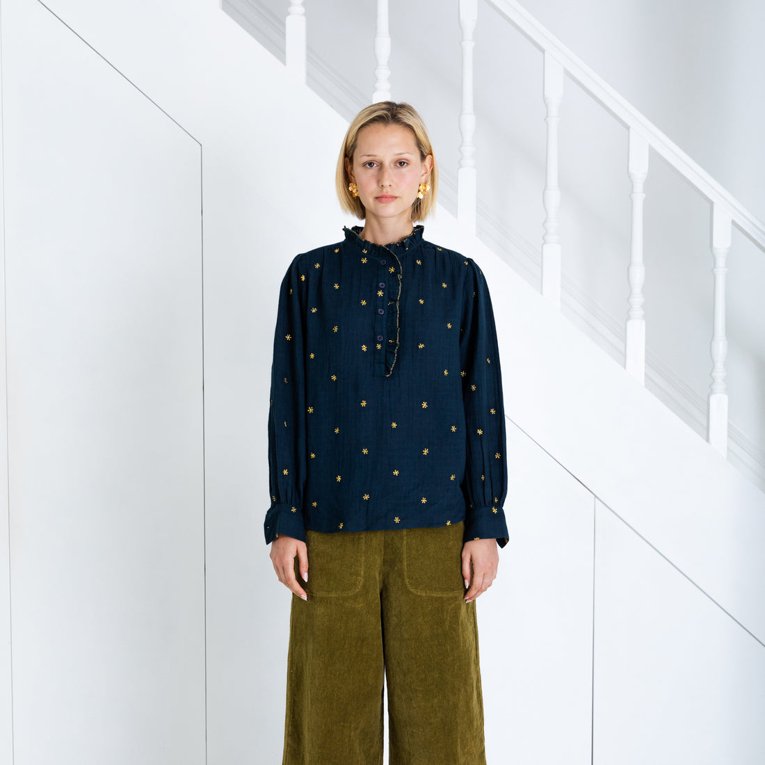 Anais Frill Placket Blouse - Midnight