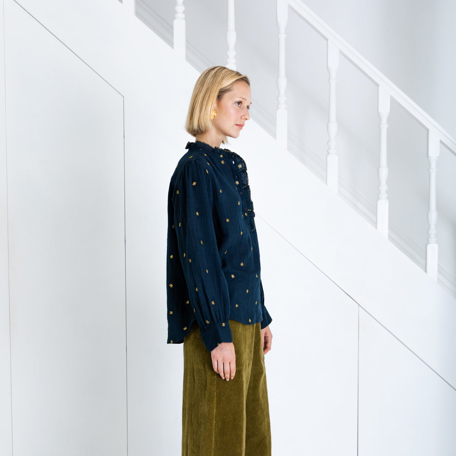 Anais Frill Placket Blouse - Midnight