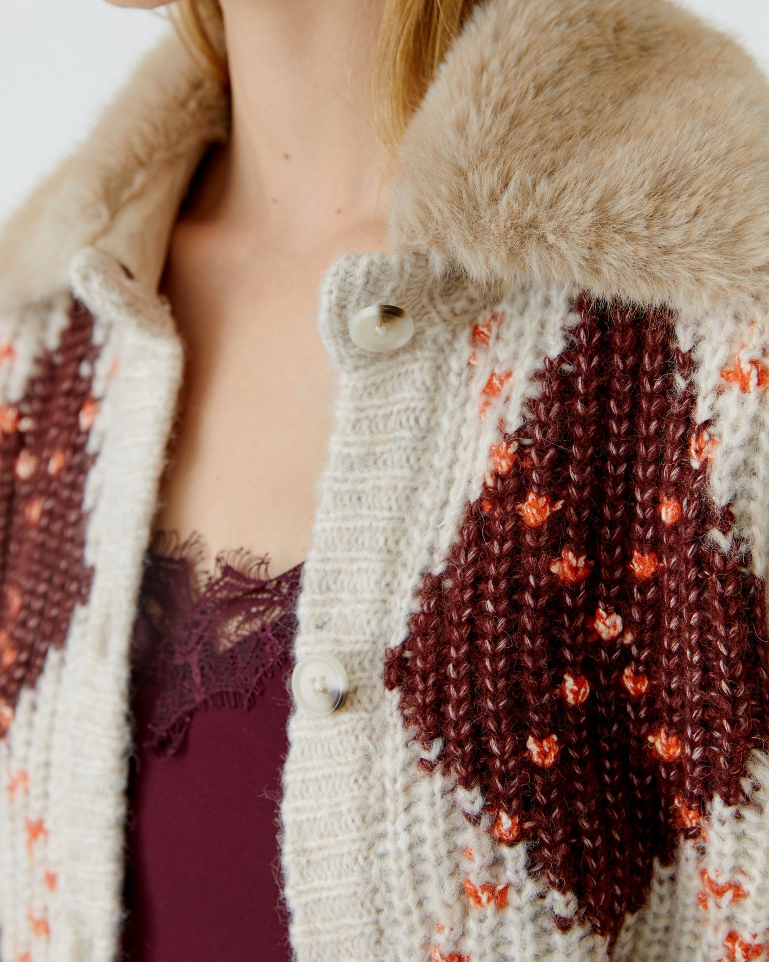 Argyll Knit Cardi - Stone Red