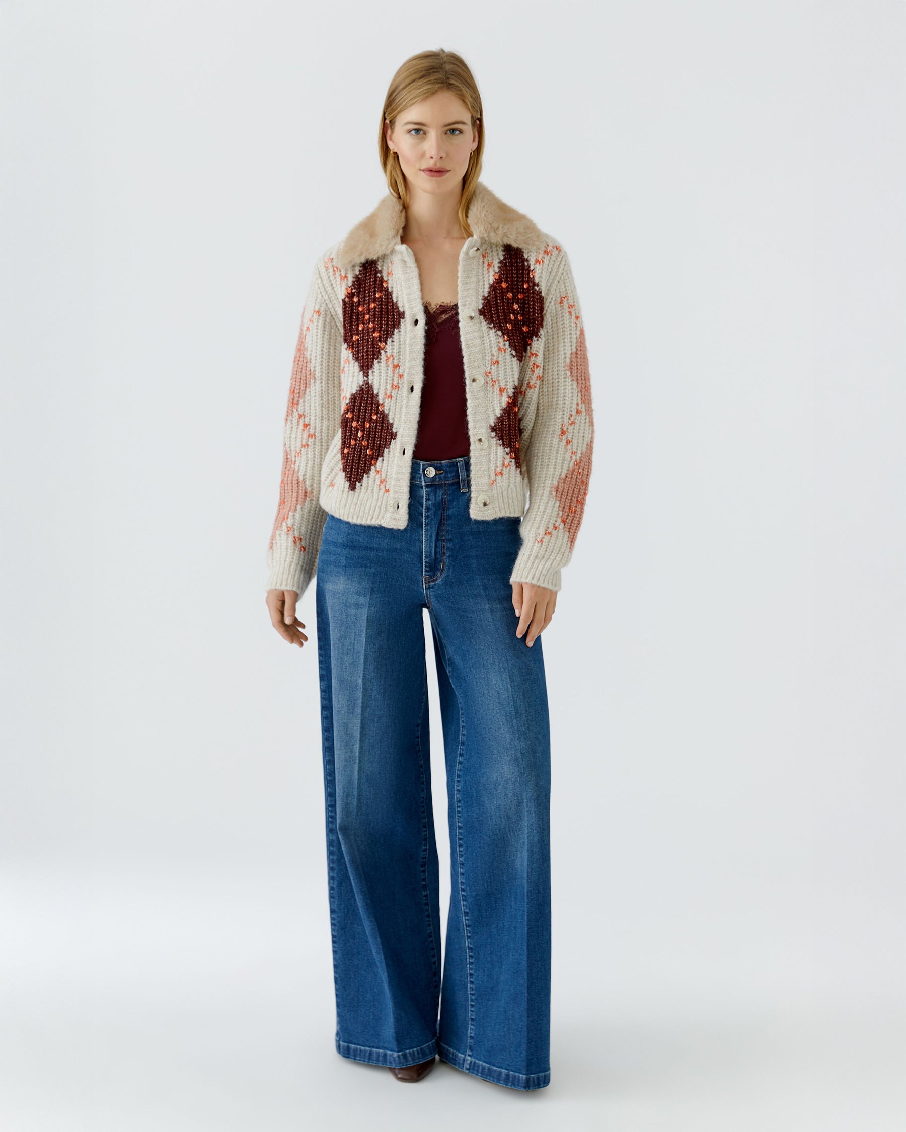 Argyll Knit Cardi - Stone Red