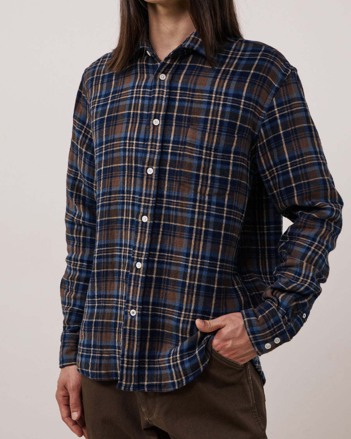 Paul Doubled Faced Cotton Check Shirt - Brown/Blue
