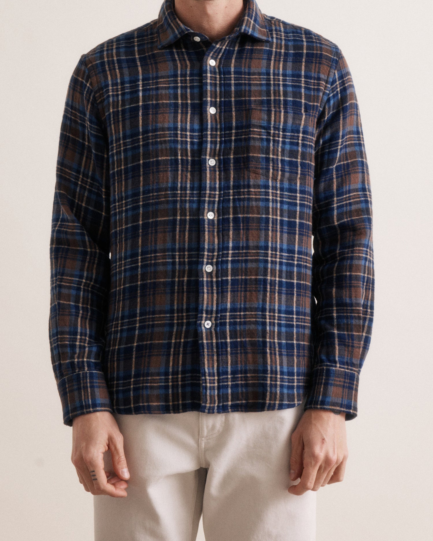 Paul Doubled Faced Cotton Check Shirt - Brown/Blue
