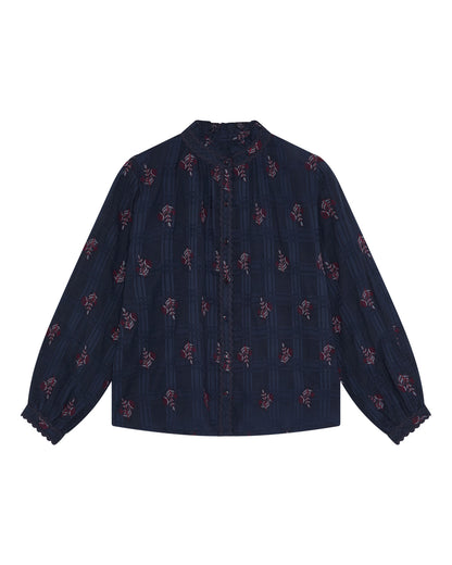 Sabine Embroidered Rick Rac Blouse - Navy
