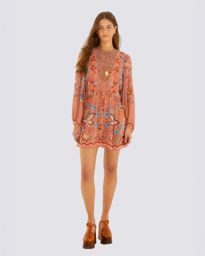 Lace Long Sleeve Mini Dress - Boho Enchance Mocha