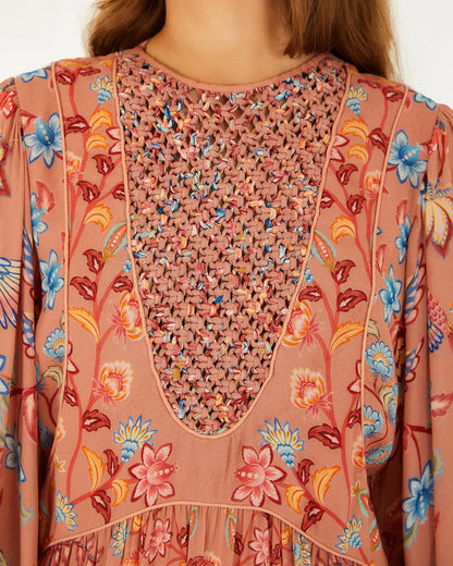 Lace Long Sleeve Mini Dress - Boho Enchance Mocha