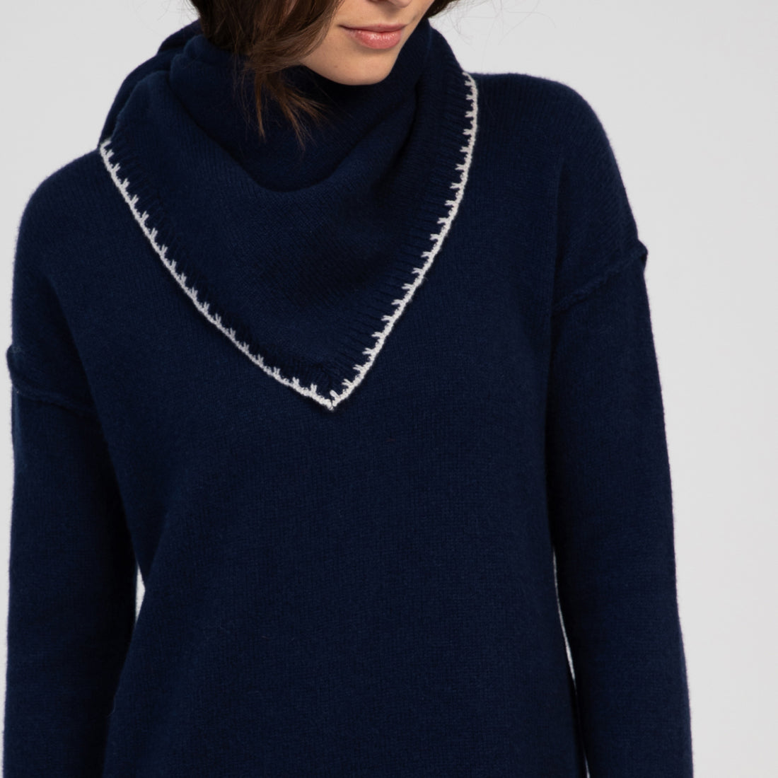 Boro Blanket Stitch Triangle Scarf - Navy/Greige