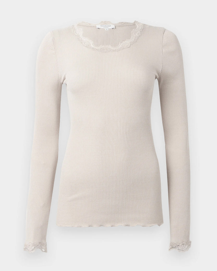 Babette Long Sleeve U-Neck Lace T-Shirt - Cacao