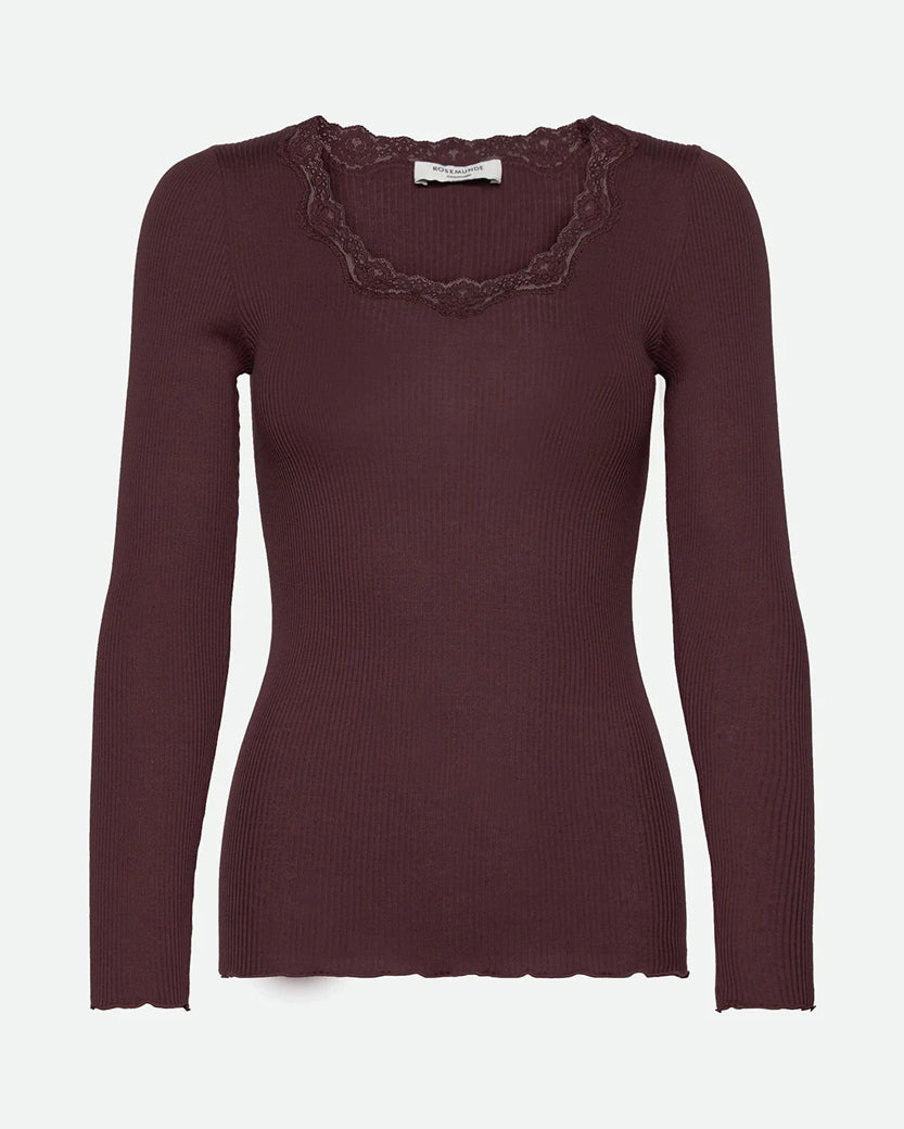 Babette Long Sleeve U-Neck Lace T-Shirt - Fudge