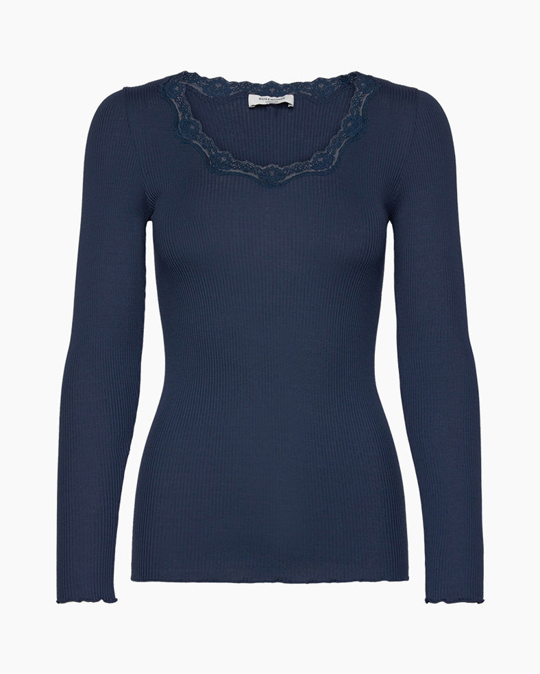 Babette Long Sleeve U-Neck Lace T-Shirt - Navy