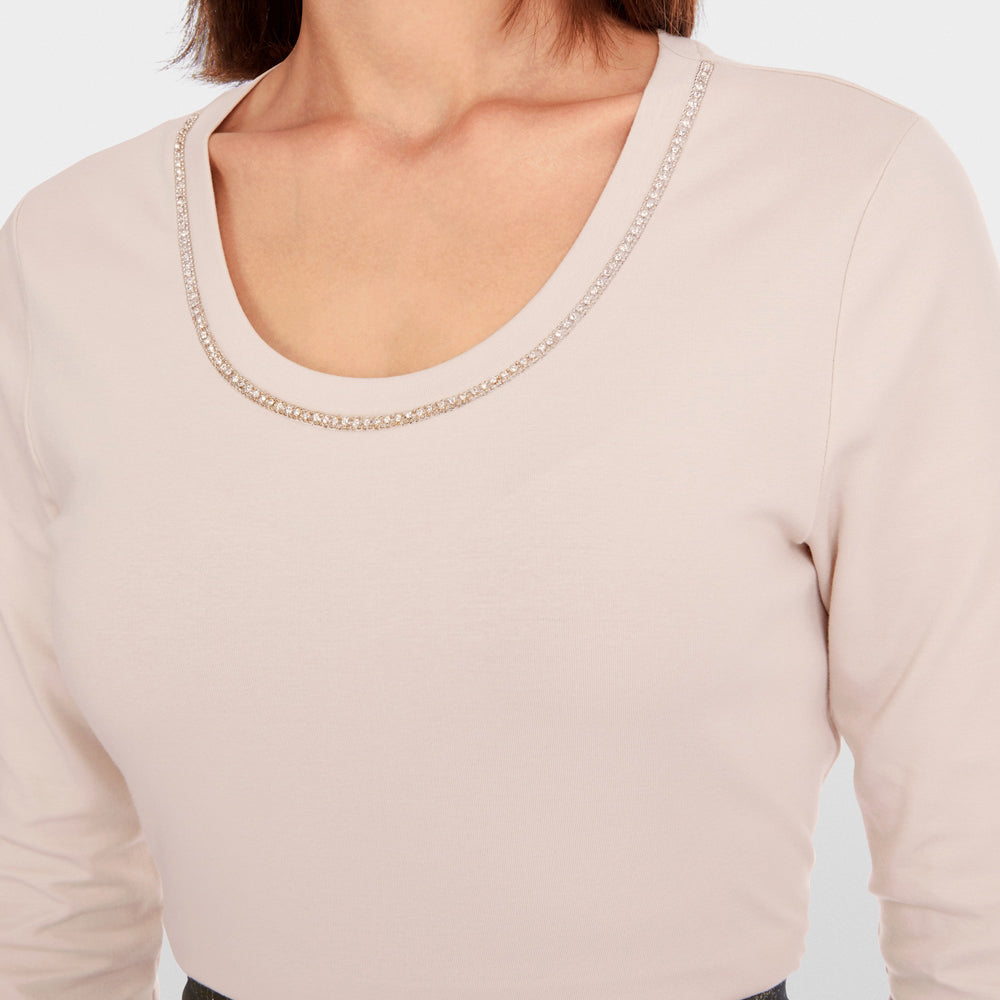 Beaded Trim T-Shirt - Taupe