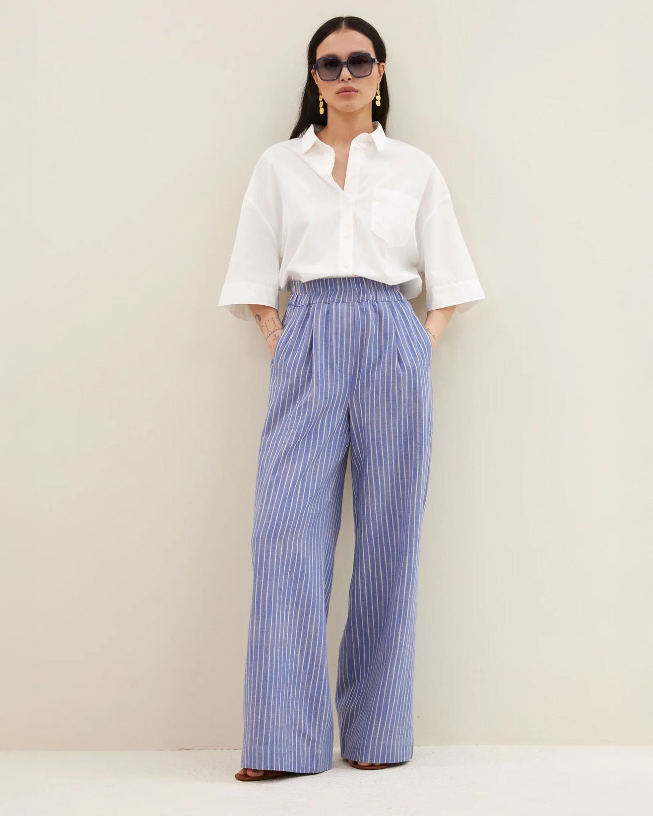 Benji Stripe Wide Leg Trousers - Sapphire Blue