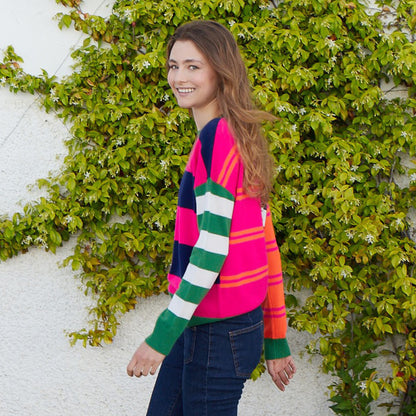 Fabiola Multi Stripe Jumper - Navy Fuschia Green