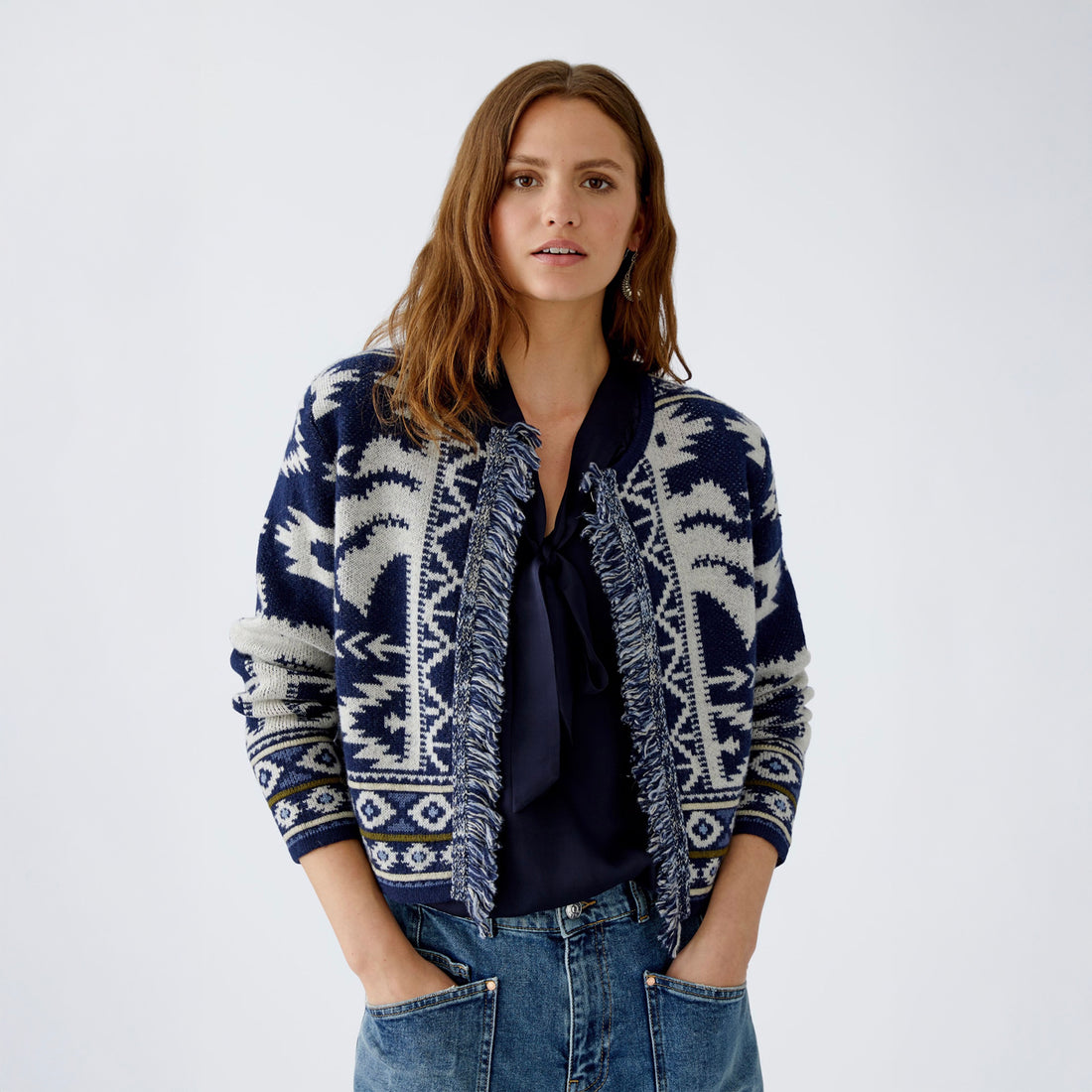 Blue White Knitted Fringed Cardi - Blue White