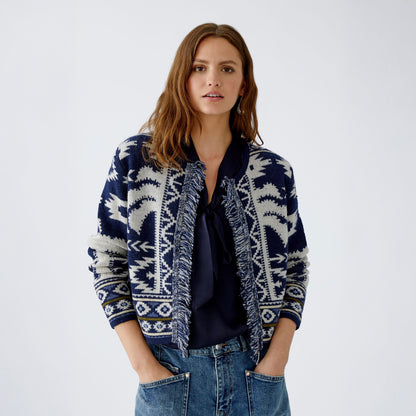 Blue White Knitted Fringed Cardi - Blue White