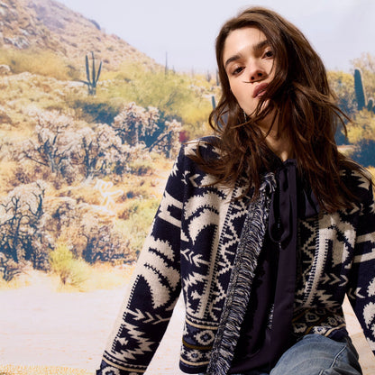 Blue White Knitted Fringed Cardi - Blue White