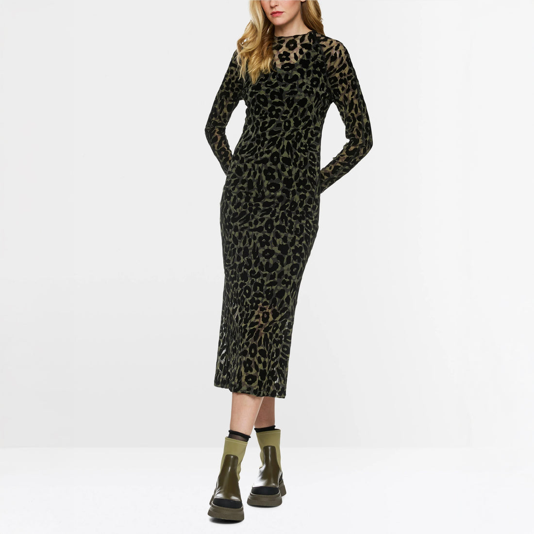 Burnout Animal Print Dress - Olive Drab