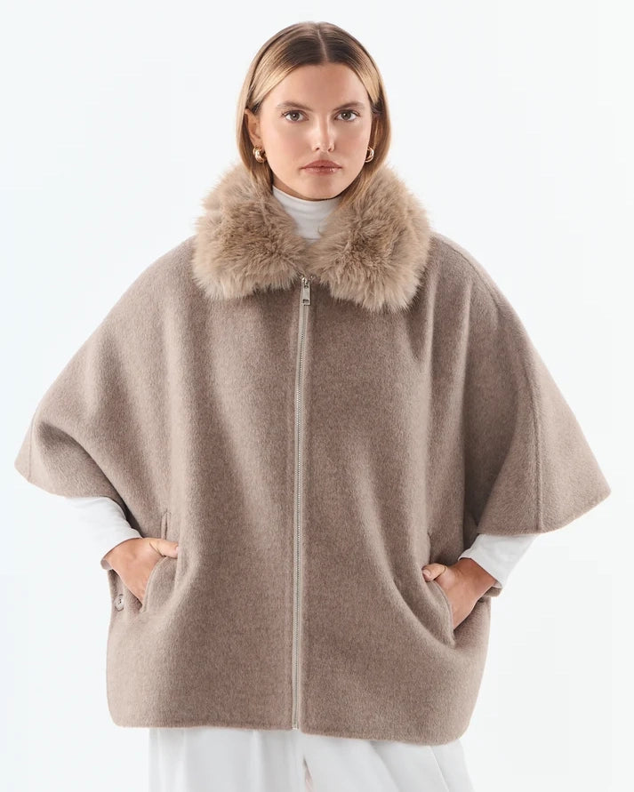 Faux Fur Collared Cape - Wool Blend - Taupe