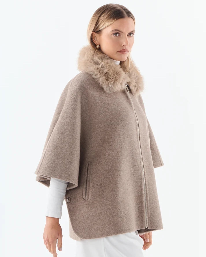 Faux Fur Collared Cape - Wool Blend - Taupe