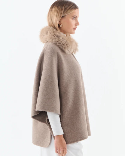 Faux Fur Collared Cape - Wool Blend - Taupe