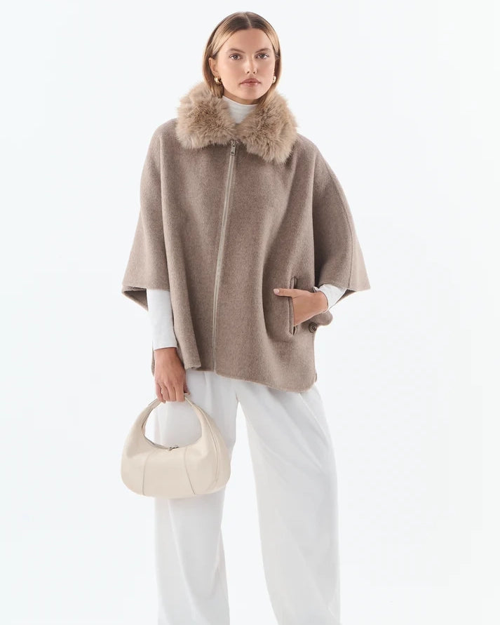 Faux Fur Collared Cape - Wool Blend - Taupe