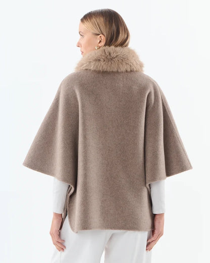 Faux Fur Collared Cape - Wool Blend - Taupe